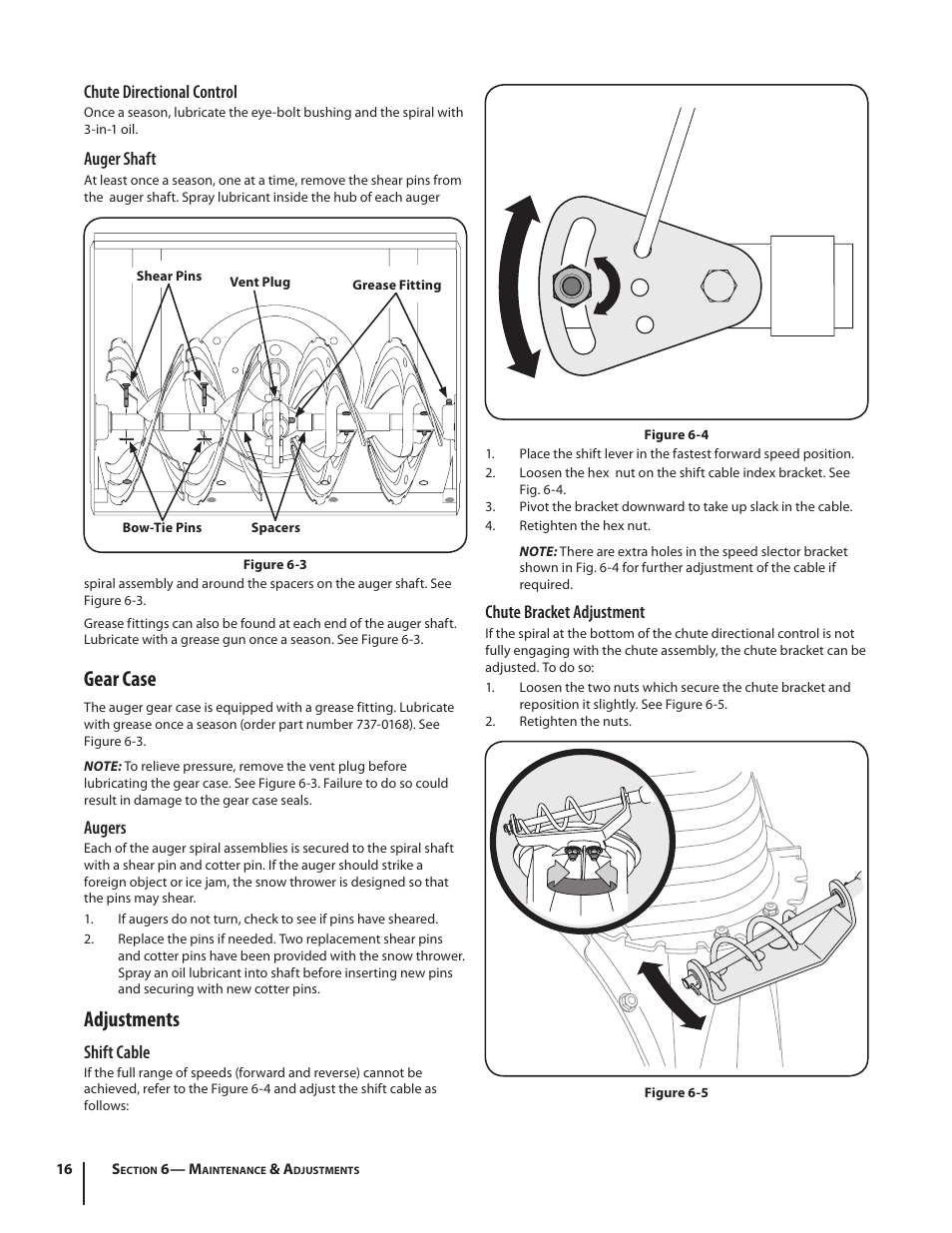 Gear case, Adjustments, Chute bracket adjustment | Chute directional control, Auger shaft, Augers, Shift cable | Cub Cadet TWO STAGE SNOW THROWER 930 SWE User Manual | Page 16 / 28