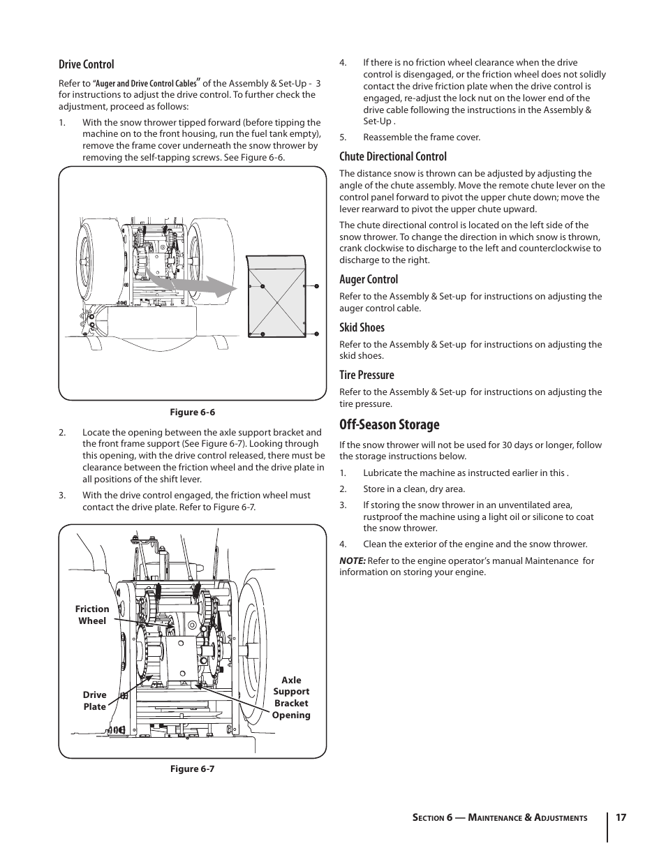 Off-season storage, Drive control, Chute directional control | Auger control, Skid shoes, Tire pressure | Cub Cadet TWO STAGE SNOW THROWER 930 SWE User Manual | Page 17 / 28