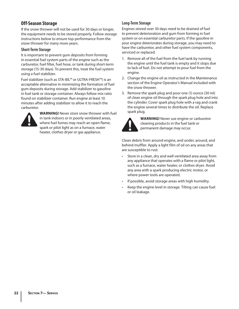 Off-season storage | Cub Cadet TWO STAGE SNOW THROWER 930 SWE User Manual | Page 22 / 28