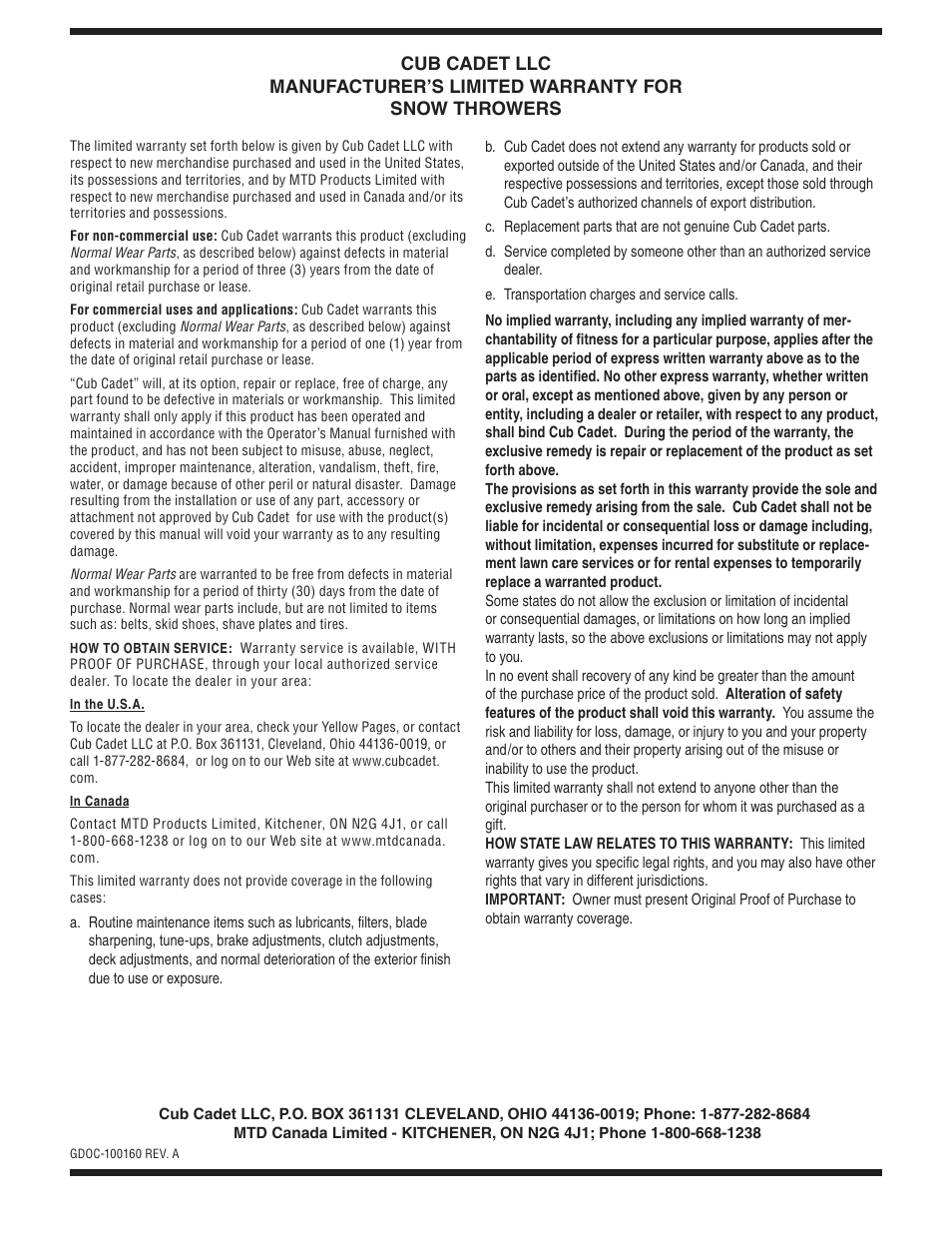 Cub Cadet TWO STAGE SNOW THROWER 930 SWE User Manual | Page 28 / 28