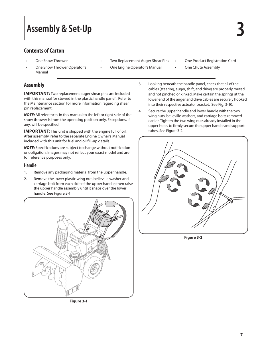 Assembly & set-up, Assembly, Contents of carton | Cub Cadet TWO STAGE SNOW THROWER 930 SWE User Manual | Page 7 / 28