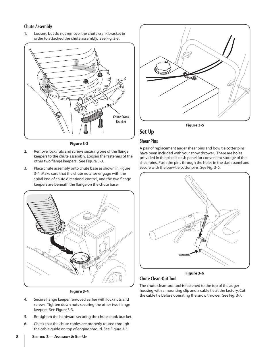 Set-up, Chute assembly, Shear pins | Chute clean-out tool | Cub Cadet TWO STAGE SNOW THROWER 930 SWE User Manual | Page 8 / 28