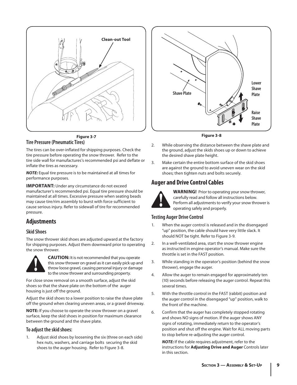 Adjustments, Auger and drive control cables, Tire pressure (pneumatic tires) | Skid shoes, Testing auger drive control | Cub Cadet TWO STAGE SNOW THROWER 930 SWE User Manual | Page 9 / 28