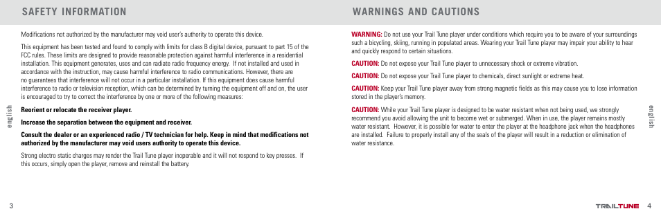 Safety information, Warnings and cautions | Highgear TrailTune User Manual | Page 3 / 13