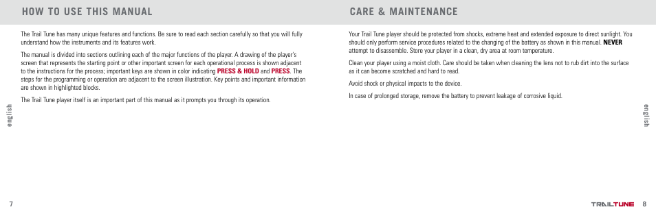 How to use this manual, Care & maintenance | Highgear TrailTune User Manual | Page 5 / 13