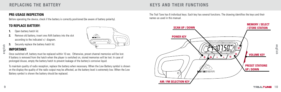 Replacing the battery, Keys and their functions | Highgear TrailTune User Manual | Page 6 / 13