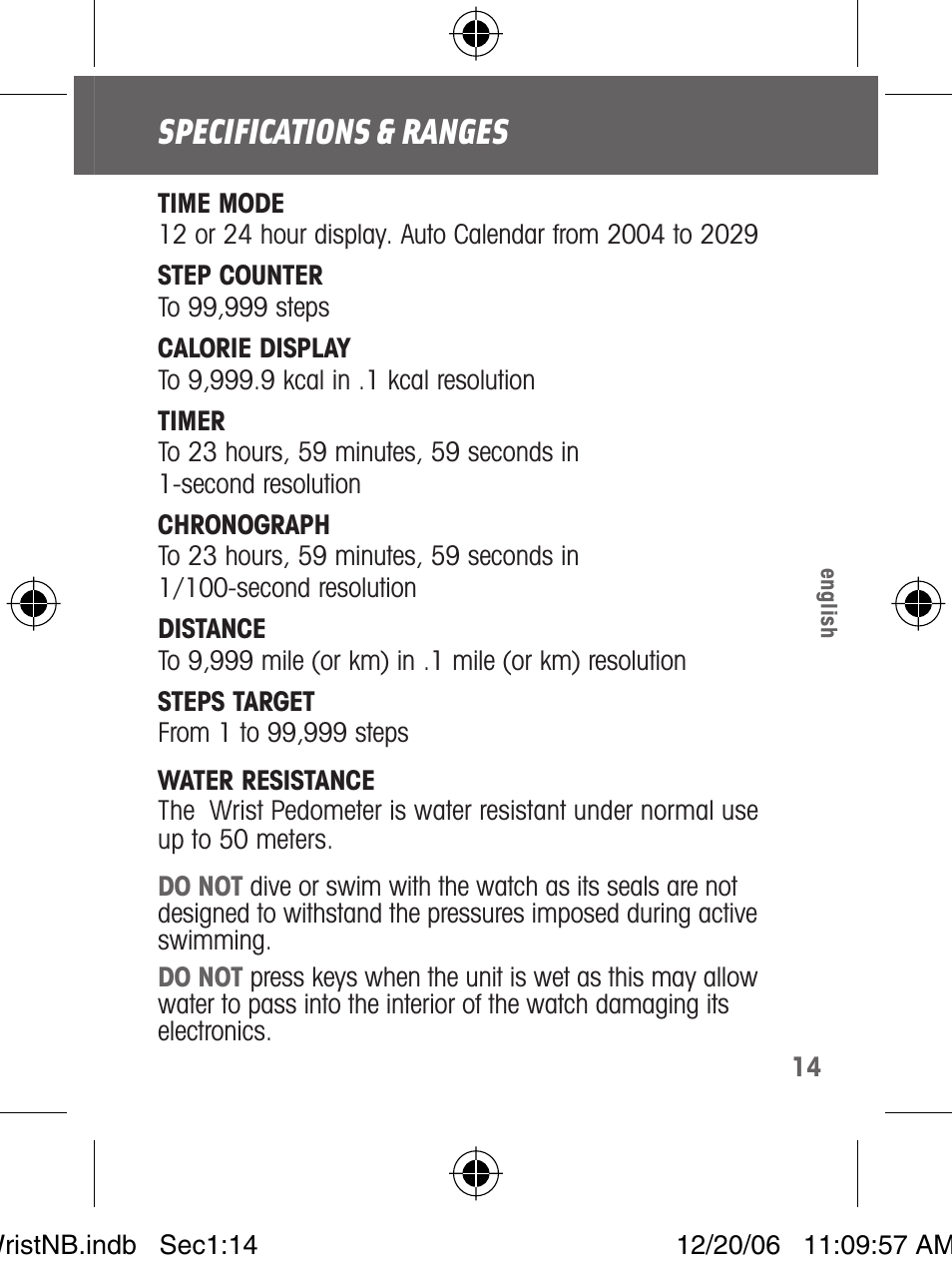 Specifications & ranges | Highgear VIA Wrist User Manual | Page 15 / 16