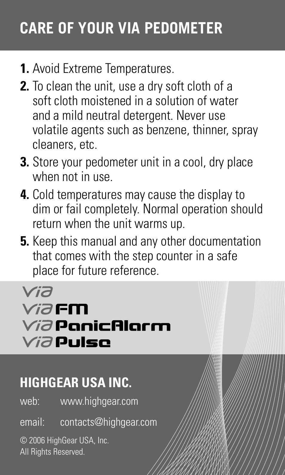 Care of your via pedometer | Highgear VIA User Manual | Page 11 / 11