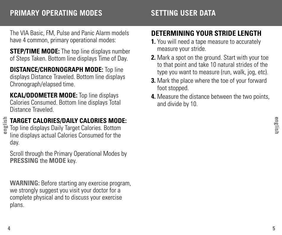 Primary operating modes setting user data | Highgear VIA User Manual | Page 4 / 11