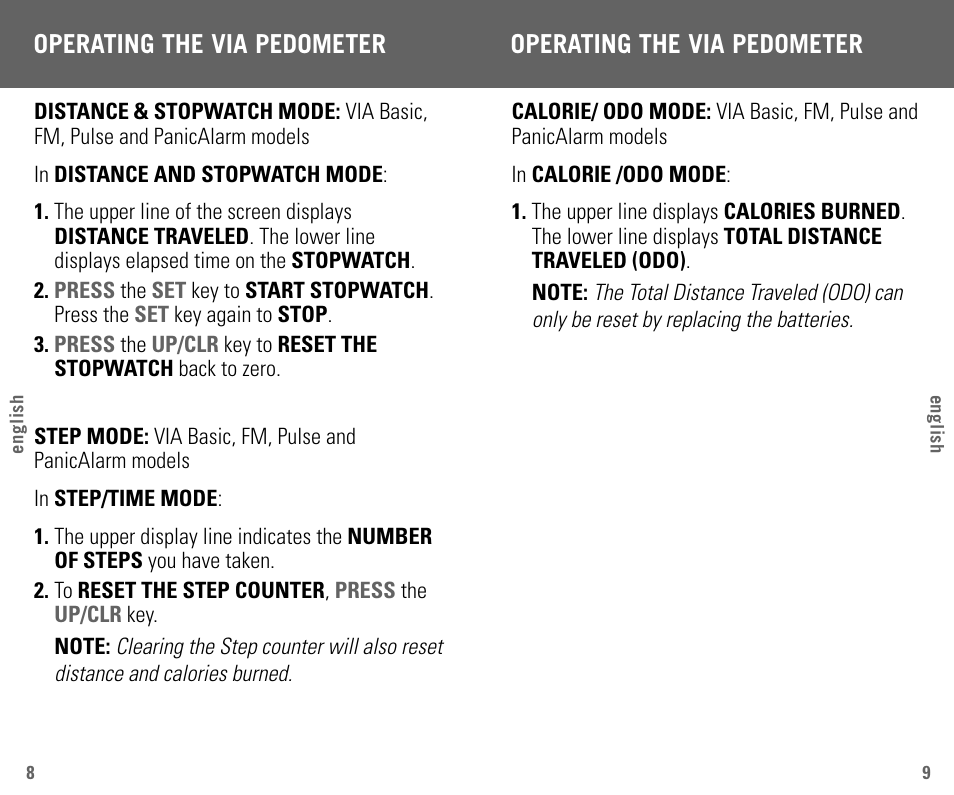 Operating the via pedometer | Highgear VIA User Manual | Page 6 / 11