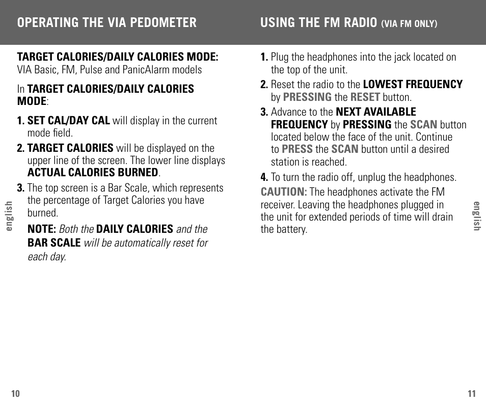 Operating the via pedometer using the fm radio | Highgear VIA User Manual | Page 7 / 11