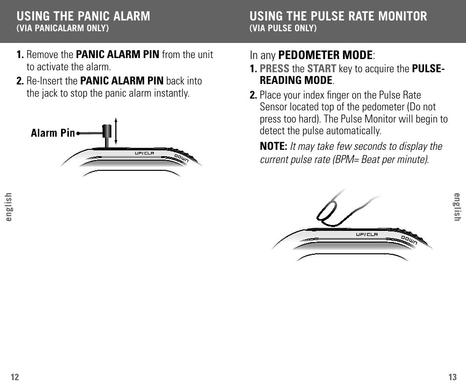 Using the panic alarm, Using the pulse rate monitor | Highgear VIA User Manual | Page 8 / 11