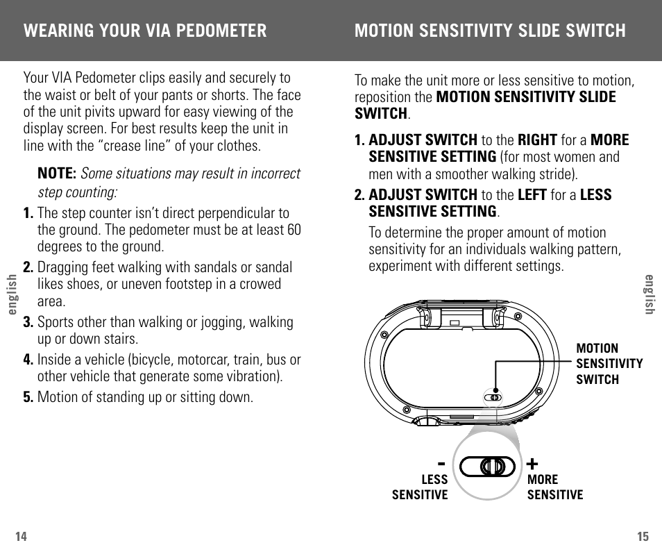 Motion sensitivity slide switch, Wearing your via pedometer | Highgear VIA User Manual | Page 9 / 11