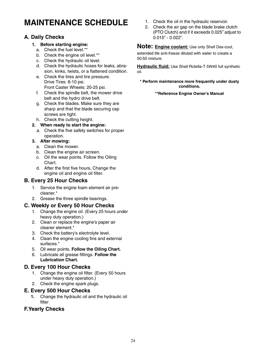 Maintenance schedule | Cub Cadet 60-inch & 72-inch Fabricated Deck User Manual | Page 24 / 32