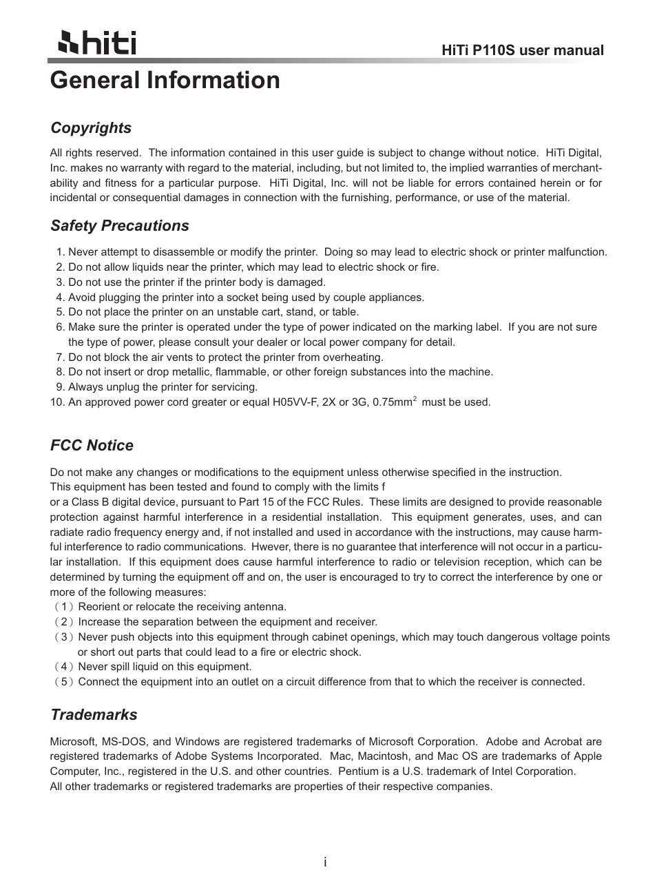 General information, Copyrights, Fcc notice | Trademarks, Safety precautions | HiTi P110 User Manual | Page 2 / 32