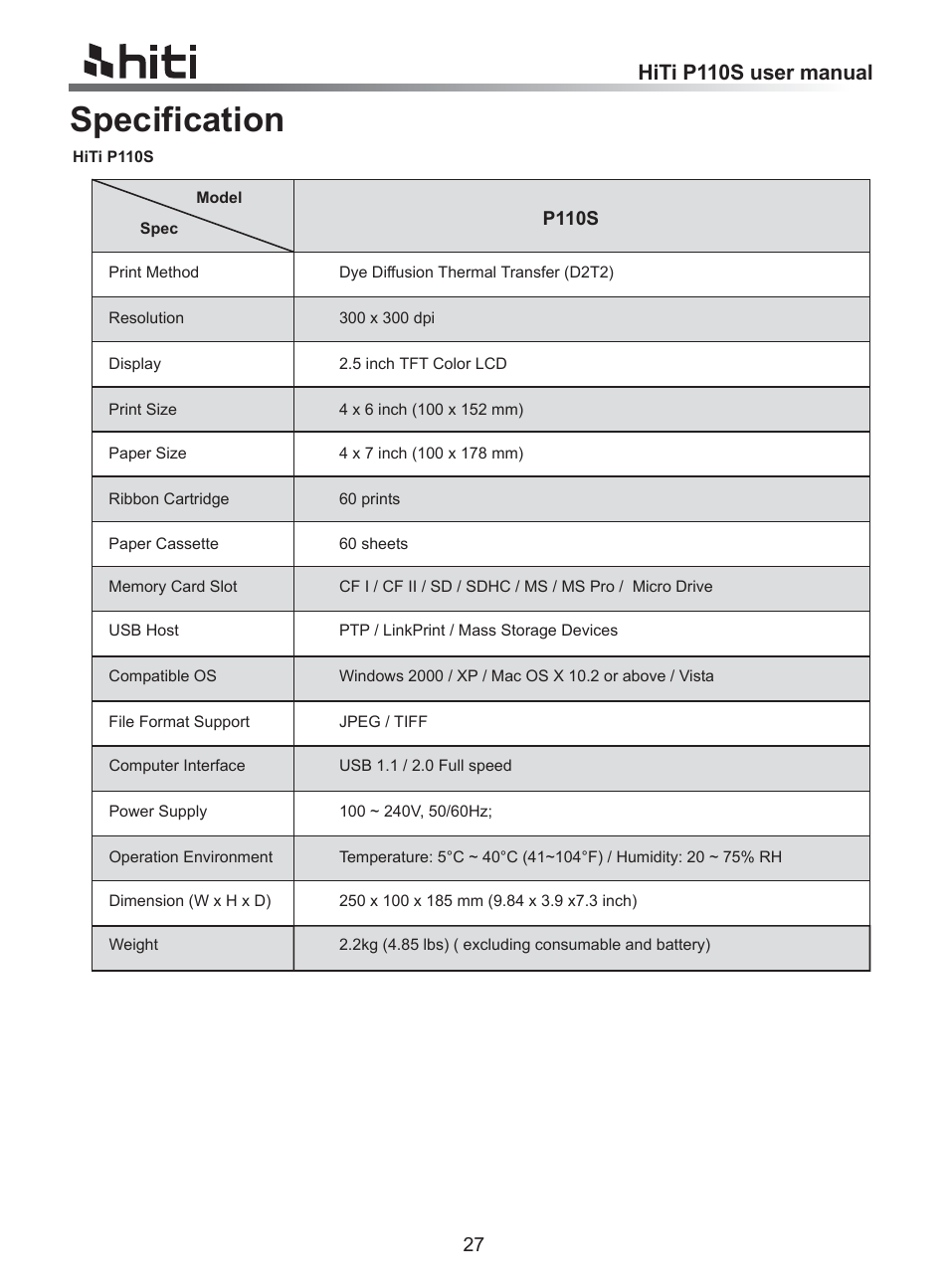 Specification, Hiti p110s user manual | HiTi P110 User Manual | Page 29 / 32