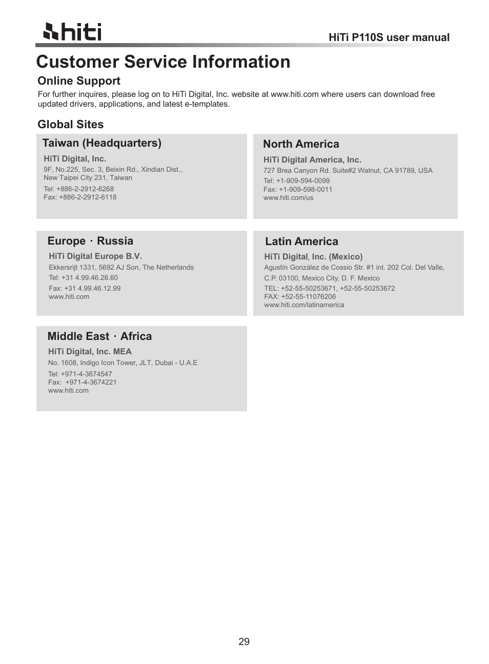 Customer service information, Online support global sites, Hiti p110s user manual | Taiwan (headquarters), Europe russia latin america, North america, Middle east africa | HiTi P110 User Manual | Page 31 / 32