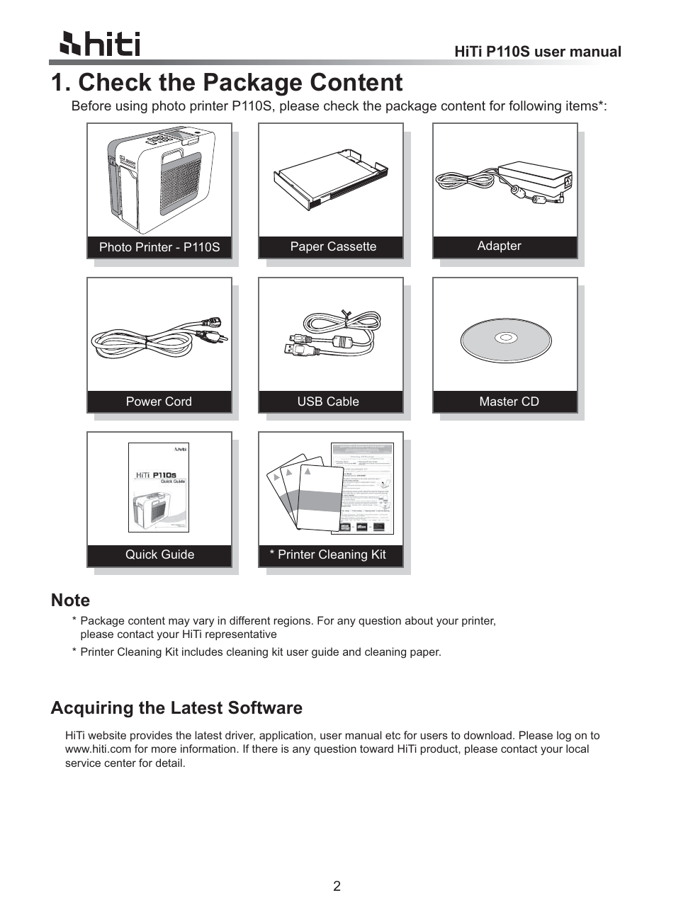 Check the package content, Acquiring the latest software | HiTi P110 User Manual | Page 4 / 32