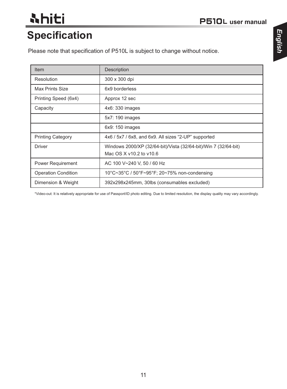 Specification, English, User manual | HiTi P510L User Manual | Page 11 / 12