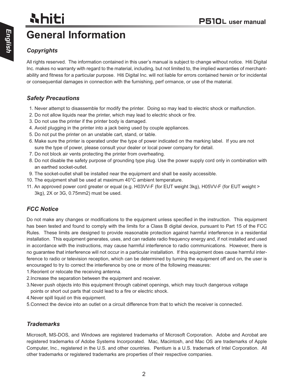 General information | HiTi P510L User Manual | Page 2 / 12
