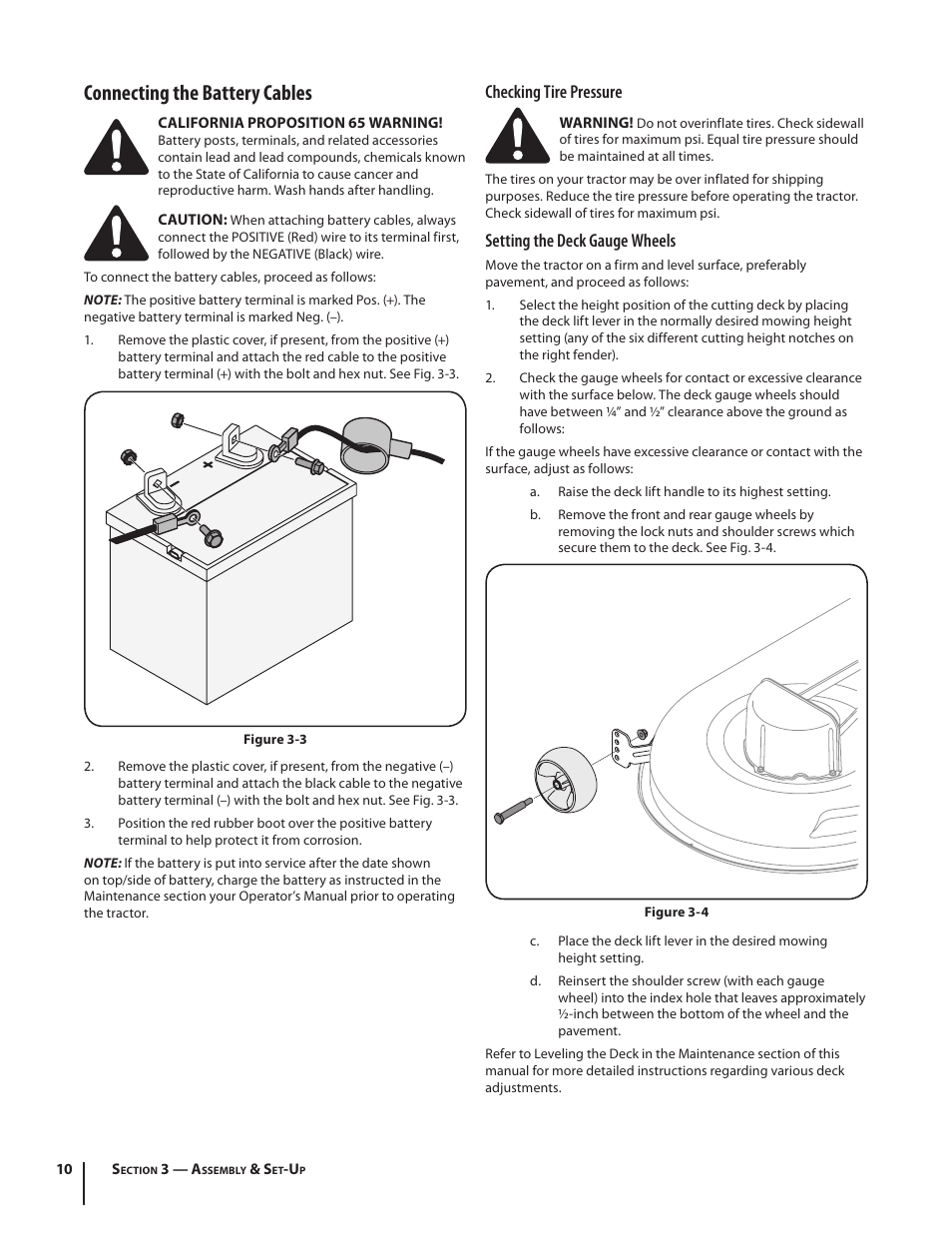 Connecting the battery cables, Checking tire pressure, Setting the deck gauge wheels | Cub Cadet LTX1046 User Manual | Page 10 / 36