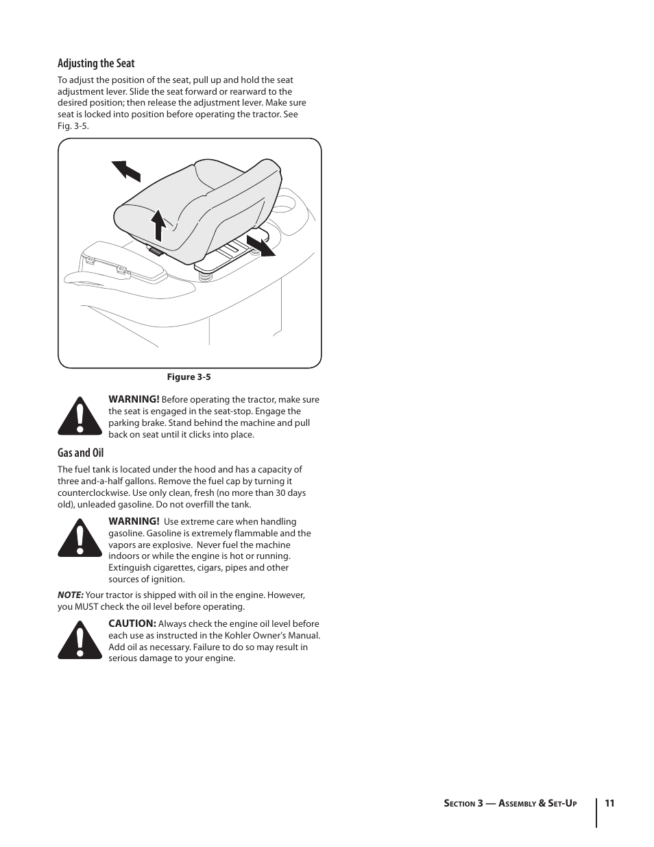 Adjusting the seat, Gas and oil | Cub Cadet LTX1046 User Manual | Page 11 / 36