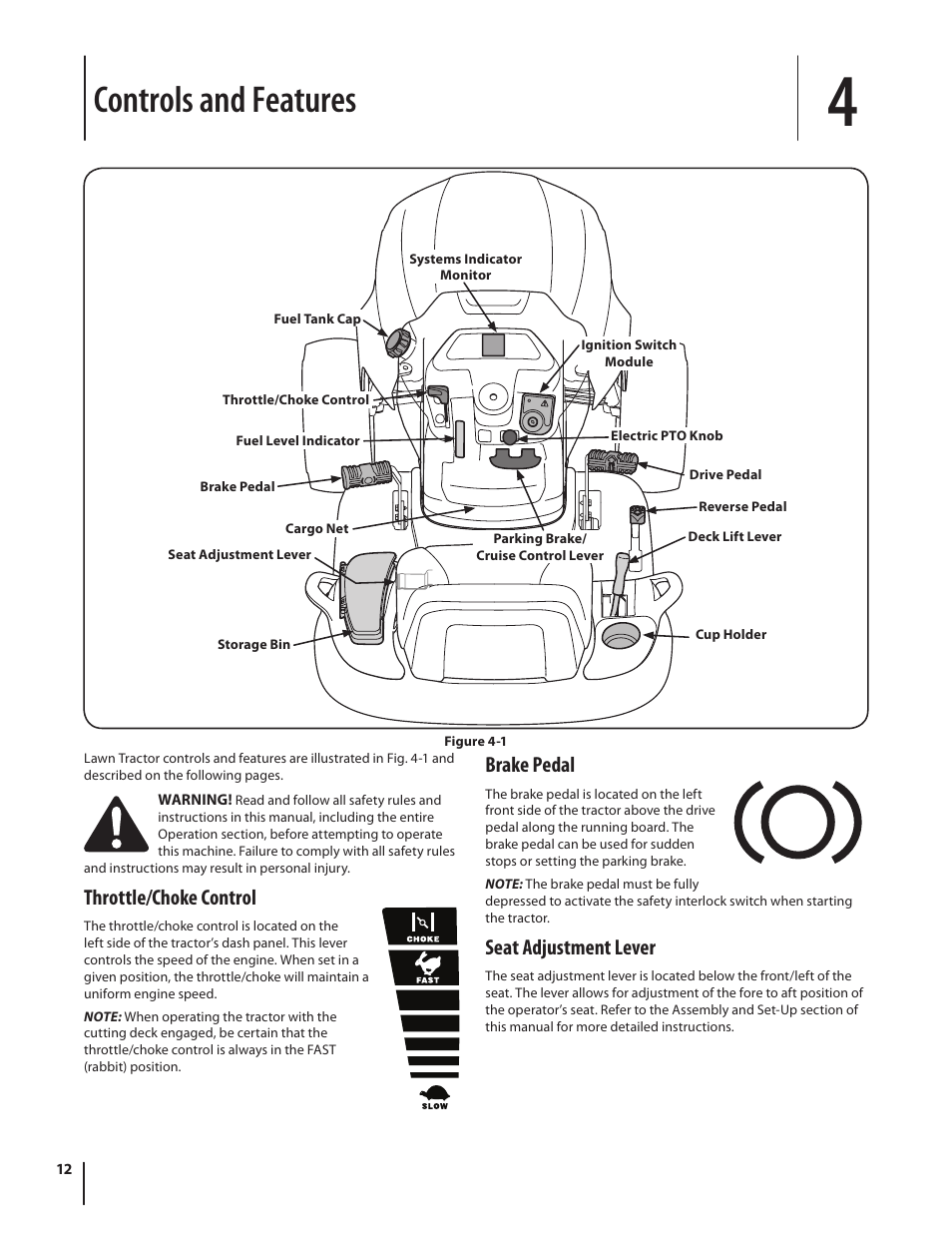 Controls and features, Throttle/choke control, Brake pedal | Seat adjustment lever | Cub Cadet LTX1046 User Manual | Page 12 / 36