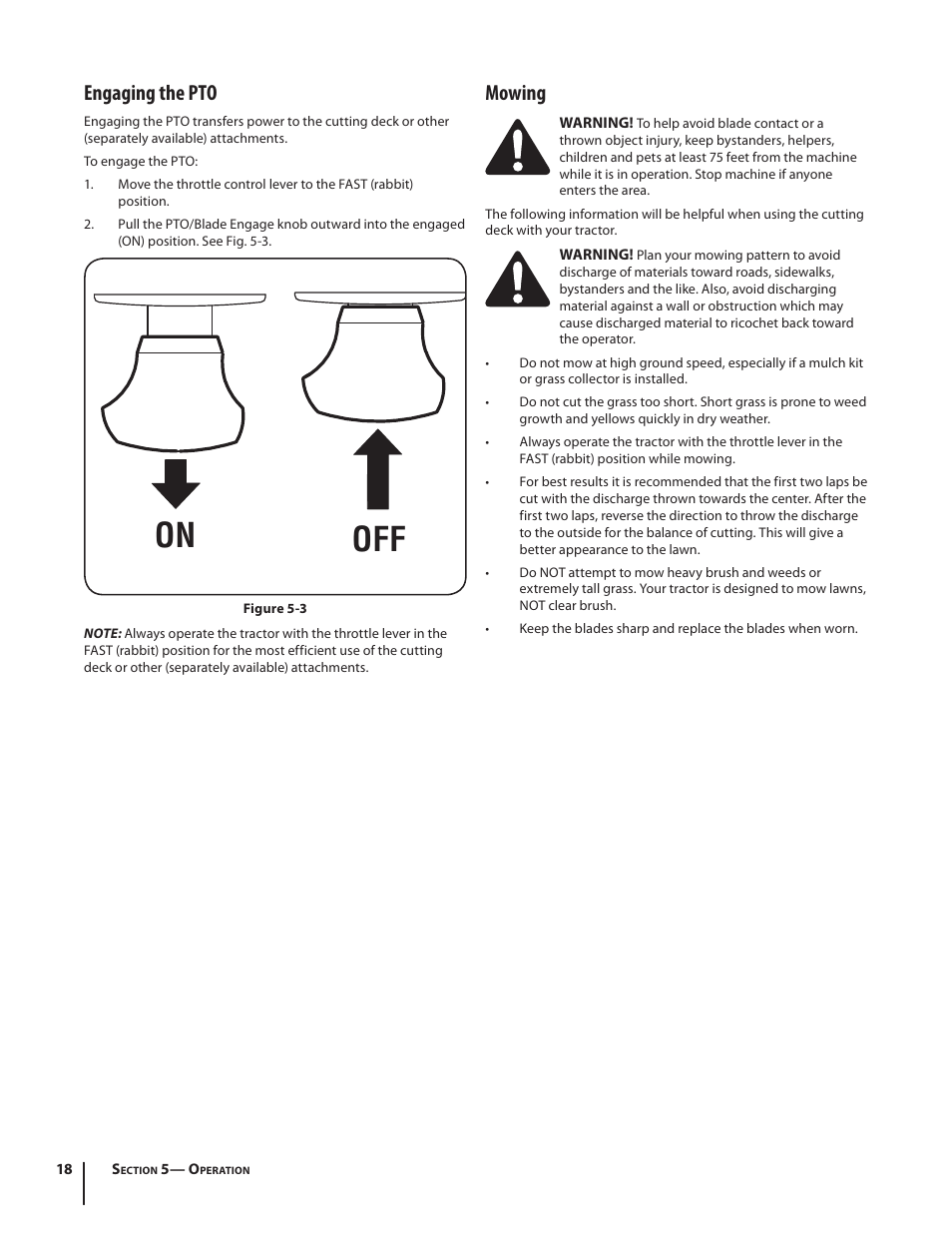 On off, Engaging the pto, Mowing | Cub Cadet LTX1046 User Manual | Page 18 / 36