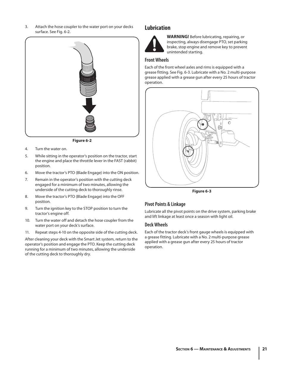 Lubrication, Front wheels, Pivot points & linkage | Deck wheels | Cub Cadet LTX1046 User Manual | Page 21 / 36