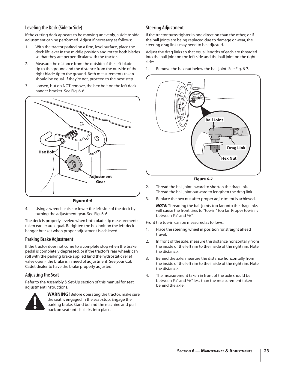 Steering adjustment, Leveling the deck (side to side), Parking brake adjustment | Adjusting the seat | Cub Cadet LTX1046 User Manual | Page 23 / 36