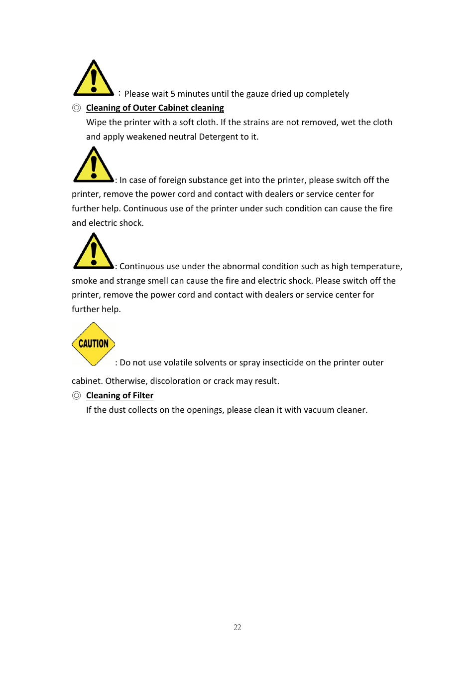 Cleaning of outer cabinet cleaning, Cleaning of filter | HiTi P520L User Manual | Page 22 / 27