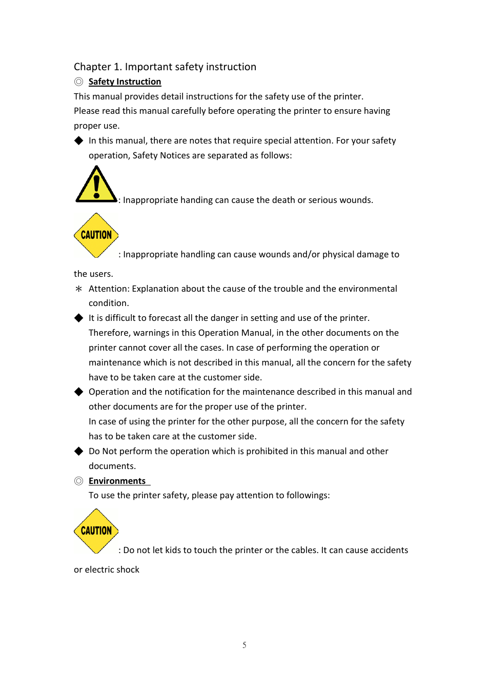 Chapter 1. important safety instruction, Safety instruction, Environments | HiTi P520L User Manual | Page 5 / 27