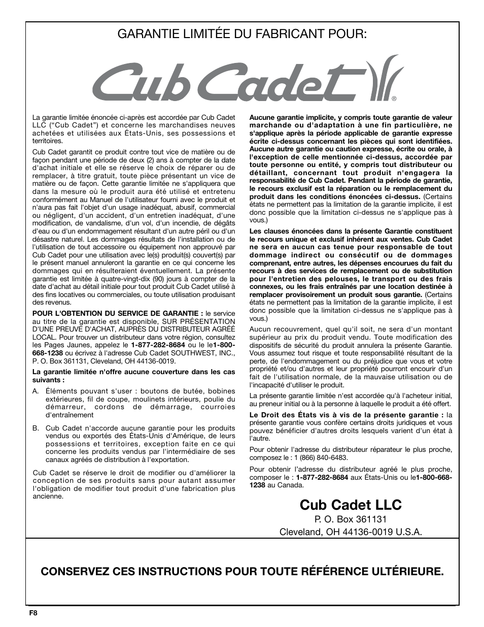 Cub cadet llc, Garantie limitée du fabricant pour | Cub Cadet CCBT User Manual | Page 16 / 24