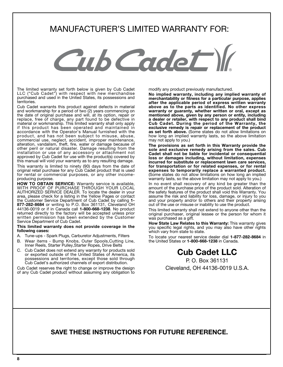 Manufacturer’s limited warranty for, Cub cadet llc, Save these instructions for future reference | Cub Cadet CCBT User Manual | Page 8 / 24