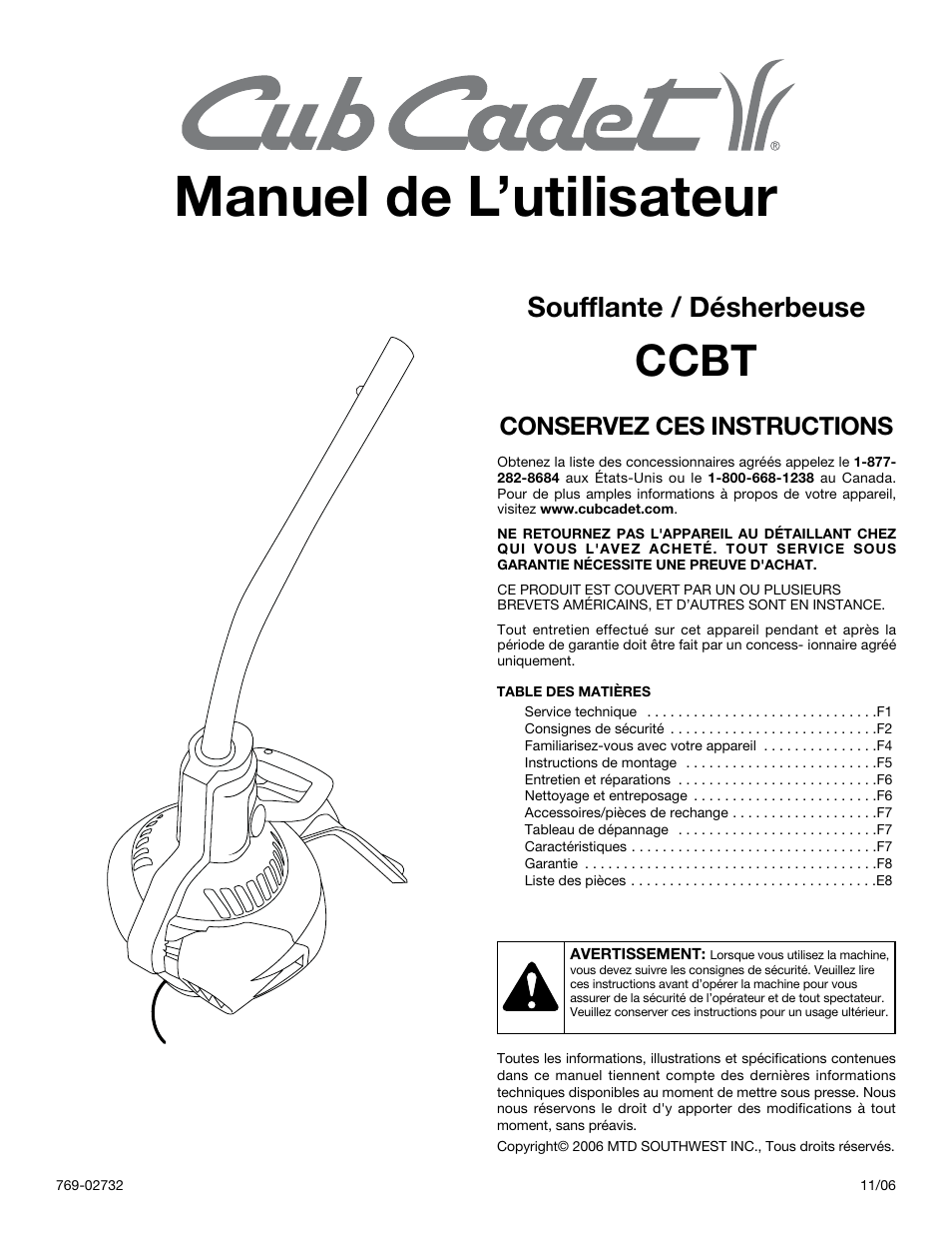Manuel de l’utilisateur, Ccbt, Soufflante / désherbeuse | Conservez ces instructions | Cub Cadet CCBT User Manual | Page 9 / 24