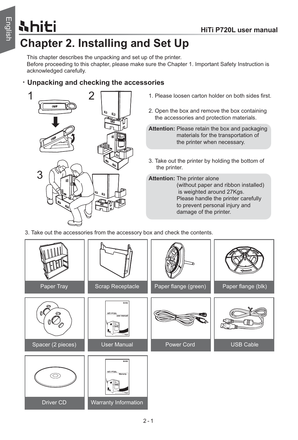 Chapter 2. installing and set up, English | HiTi P720L User Manual | Page 6 / 25