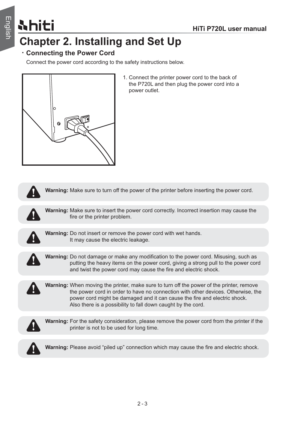 Chapter 2. installing and set up, English, Hiti p720l user manual | Ʀ connecting the power cord | HiTi P720L User Manual | Page 8 / 25