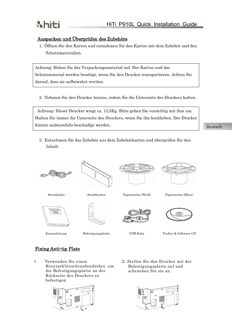 Hiti p910l quick installation guide, Auspacken und überprüfen des zubehörs, Fixing anti-tip plate | HiTi P910L Quick Installation Guide User Manual | Page 25 / 36