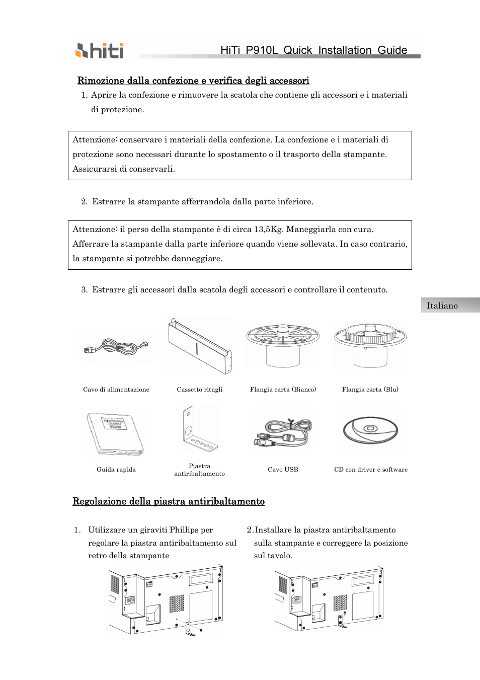 Hiti p910l quick installation guide, Regolazione della piastra antiribaltamento | HiTi P910L Quick Installation Guide User Manual | Page 29 / 36