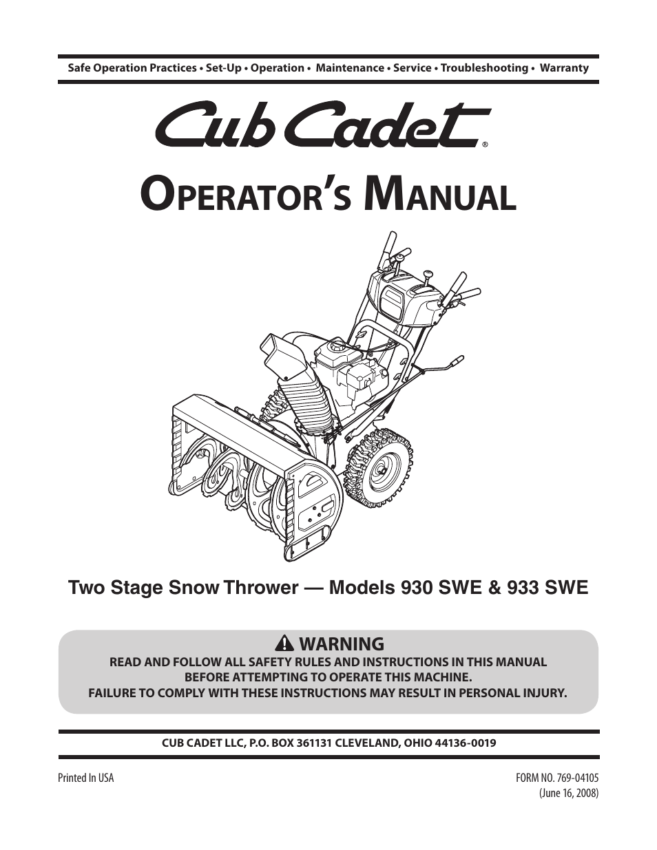 Cub Cadet WO STAGE SNOW THROWER 930 SWE User Manual | 28 pages