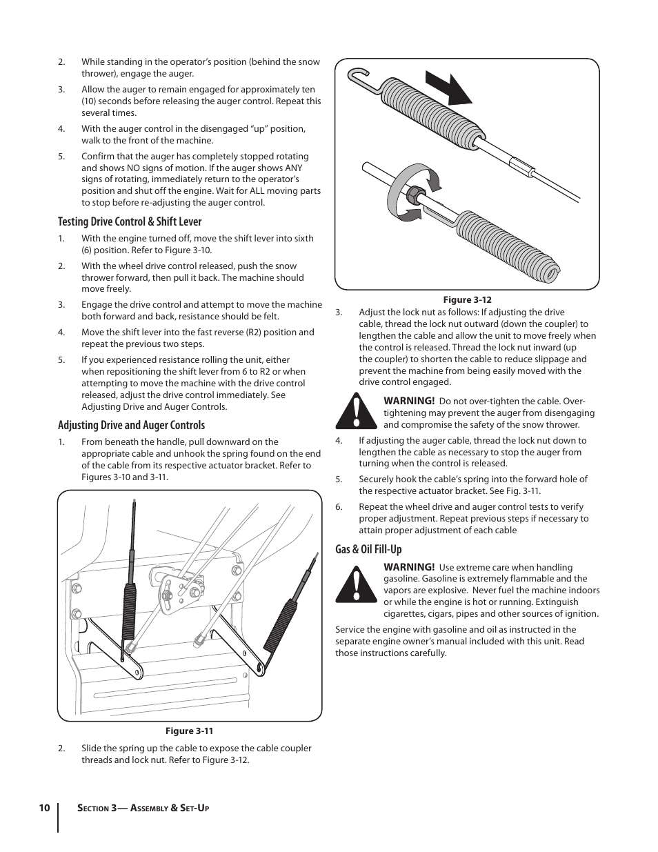 Gas & oil fill-up, Testing drive control & shift lever, Adjusting drive and auger controls | Cub Cadet WO STAGE SNOW THROWER 930 SWE User Manual | Page 10 / 28