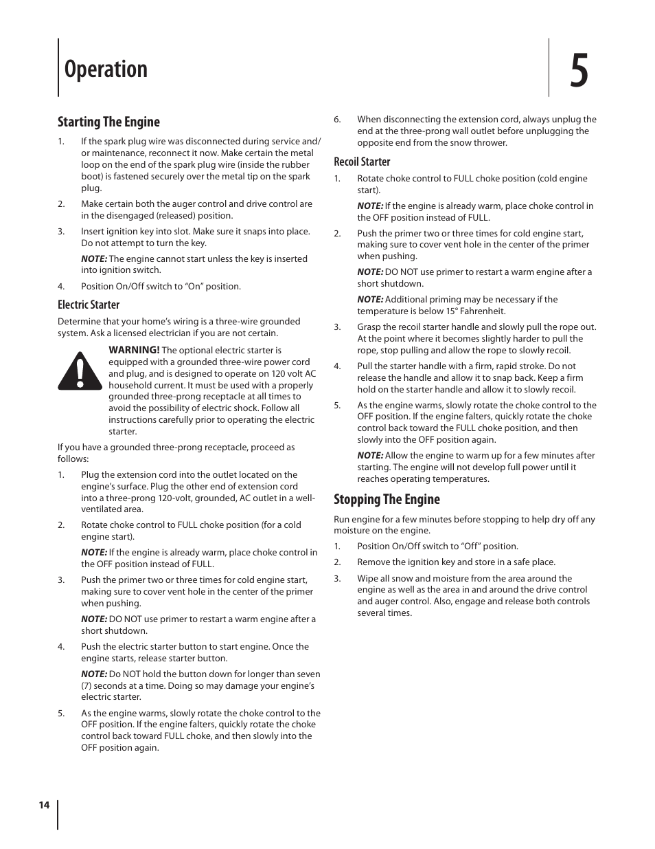 Operation, Starting the engine, Stopping the engine | Cub Cadet WO STAGE SNOW THROWER 930 SWE User Manual | Page 14 / 28