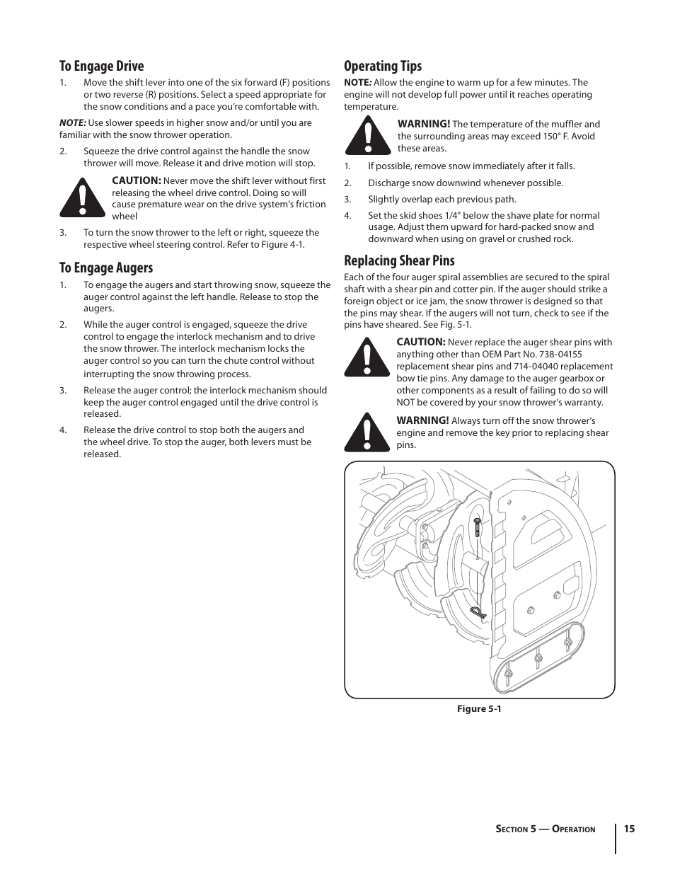 Operating tips, Replacing shear pins | Cub Cadet WO STAGE SNOW THROWER 930 SWE User Manual | Page 15 / 28