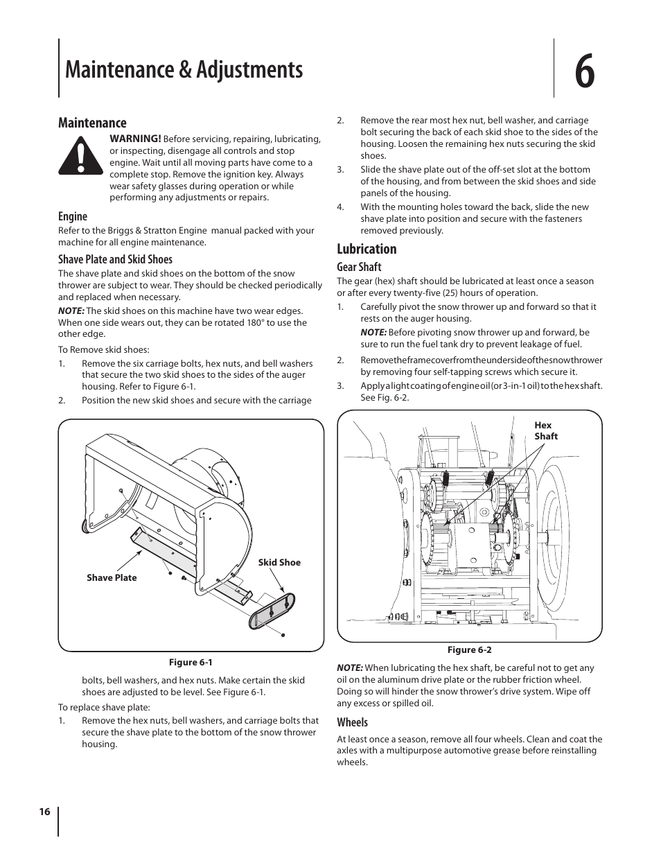 Maintenance & adjustments, Lubrication, Maintenance | Cub Cadet WO STAGE SNOW THROWER 930 SWE User Manual | Page 16 / 28