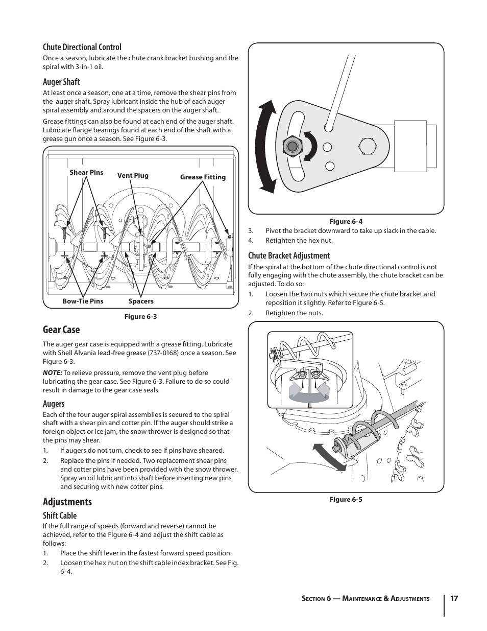 Gear case, Adjustments, Chute bracket adjustment | Chute directional control, Auger shaft, Augers, Shift cable | Cub Cadet WO STAGE SNOW THROWER 930 SWE User Manual | Page 17 / 28