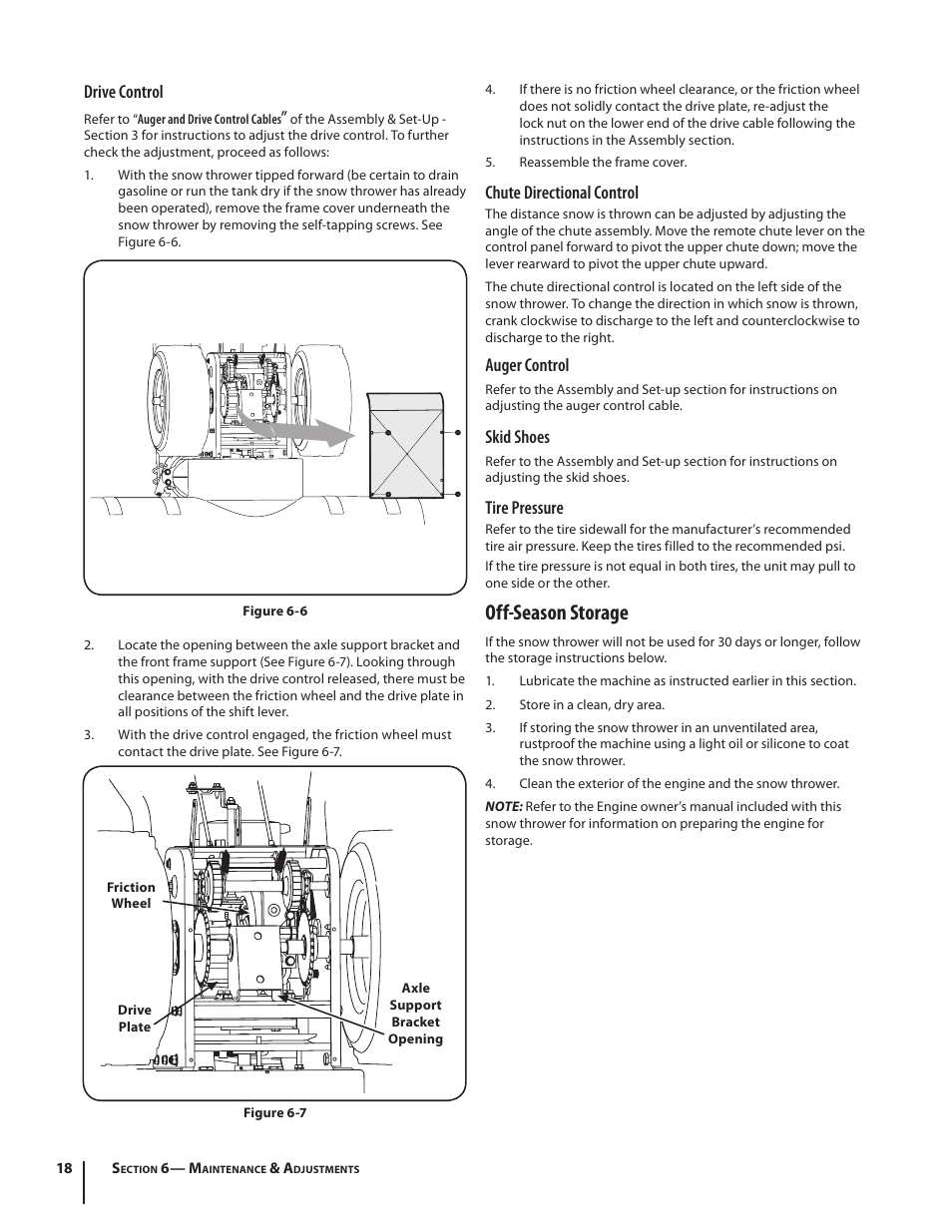 Off-season storage, Drive control, Chute directional control | Auger control, Skid shoes, Tire pressure | Cub Cadet WO STAGE SNOW THROWER 930 SWE User Manual | Page 18 / 28