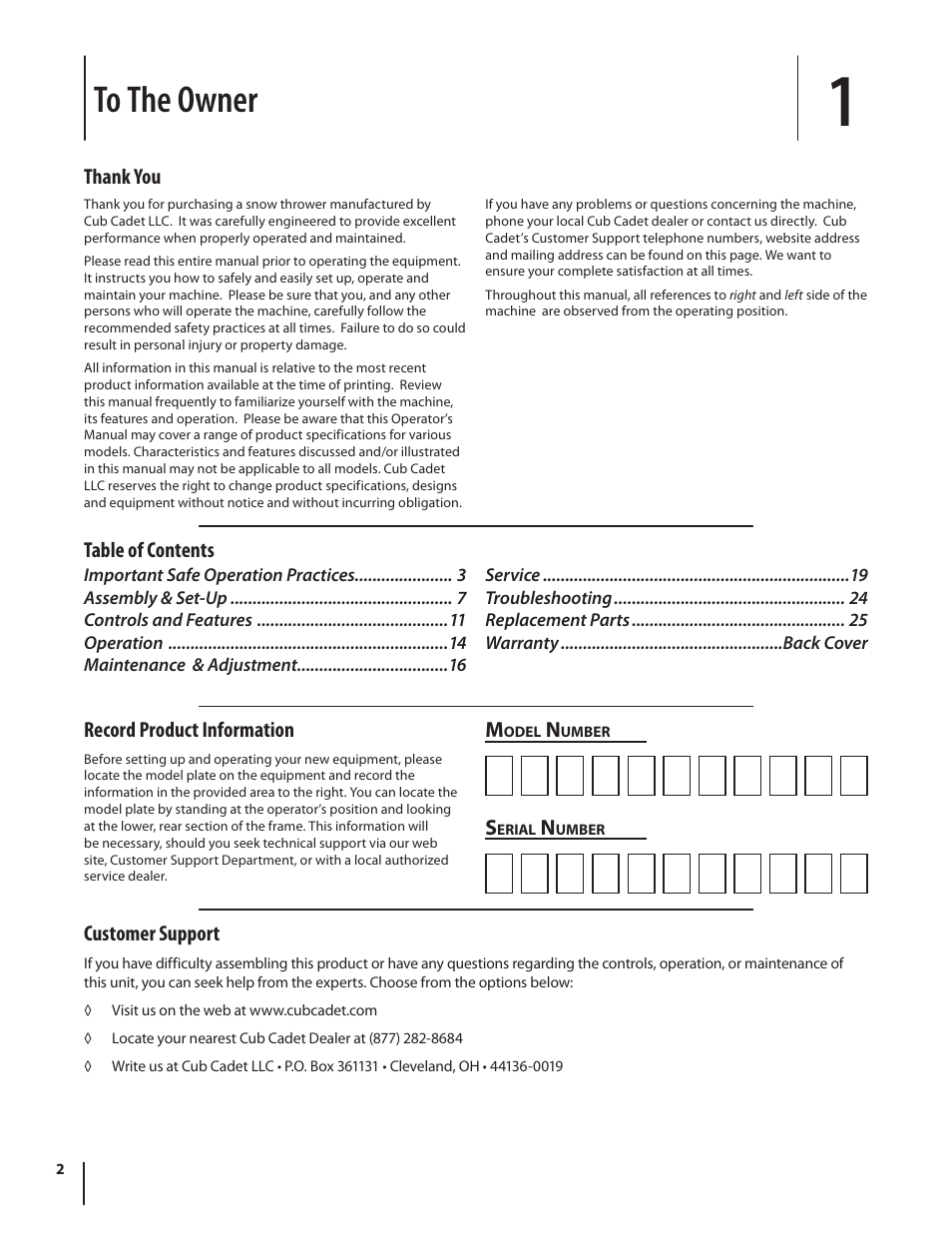 Record product information, Table of contents m, Customer support | Cub Cadet WO STAGE SNOW THROWER 930 SWE User Manual | Page 2 / 28