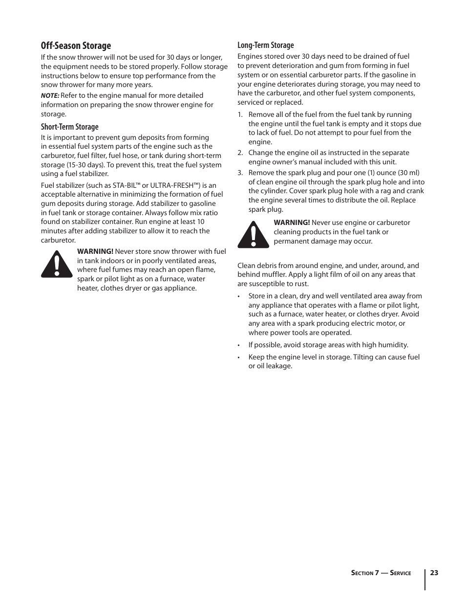 Off-season storage | Cub Cadet WO STAGE SNOW THROWER 930 SWE User Manual | Page 23 / 28