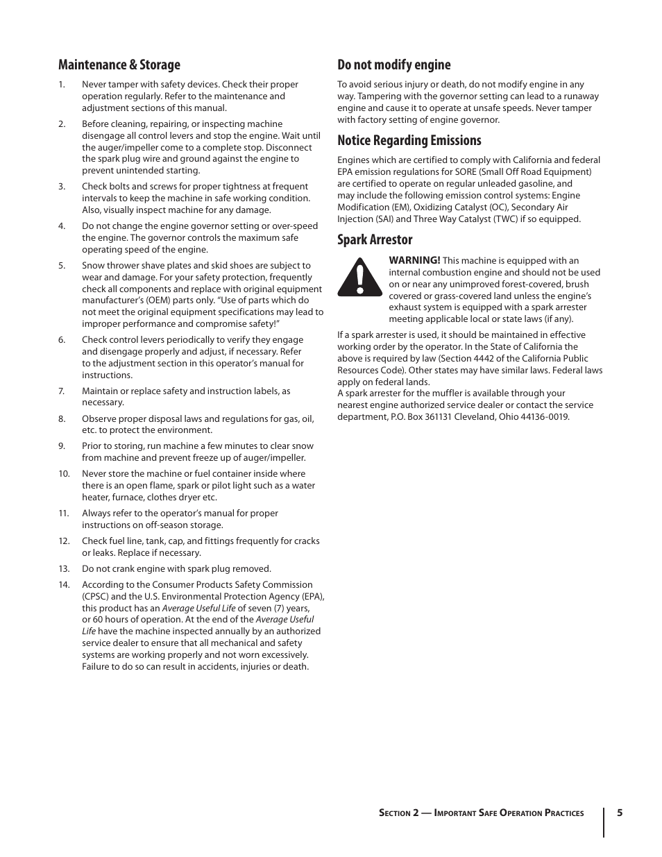 Maintenance & storage, Do not modify engine, Notice regarding emissions | Spark arrestor | Cub Cadet WO STAGE SNOW THROWER 930 SWE User Manual | Page 5 / 28