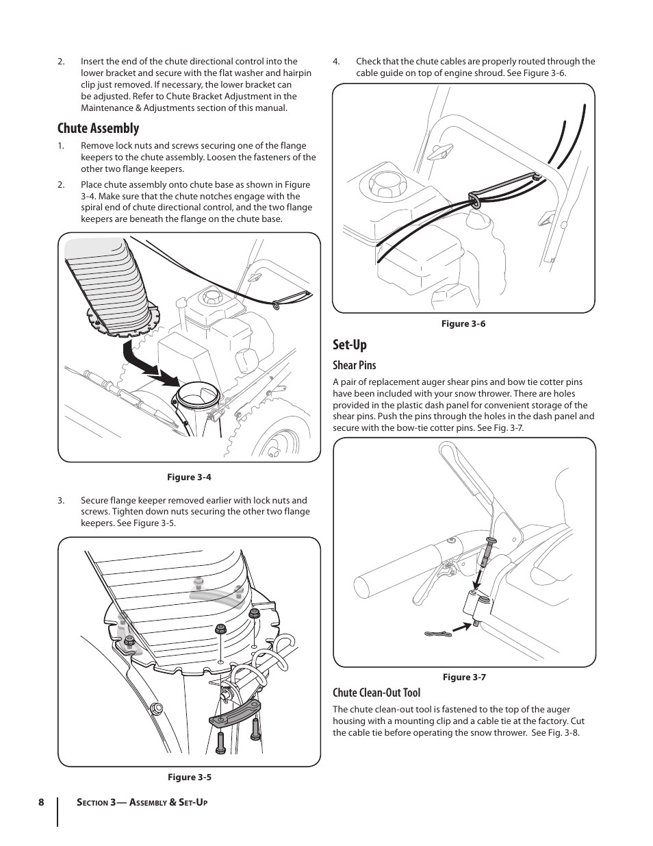 Set-up, Chute assembly, Shear pins | Chute clean-out tool | Cub Cadet WO STAGE SNOW THROWER 930 SWE User Manual | Page 8 / 28